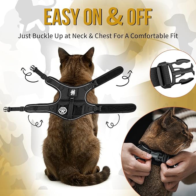 OneTigris Cat Harness and Leash - Escape Proof Soft Adjustable Kitten Harness, Breathable, Comfortable, Durable Water-Resistant Tactical Vest with Reflective Strips and Pocket for Cat Tracker