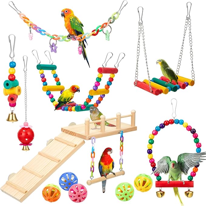12 Pcs Parakeet Cockatiel Bird Toys, Bird Toys for Parakeets, Cockatiel Cage Accessories, Perches Parrot Ladders for Hanging Swinging Standing Chewing Climbing Training (Basic Style)