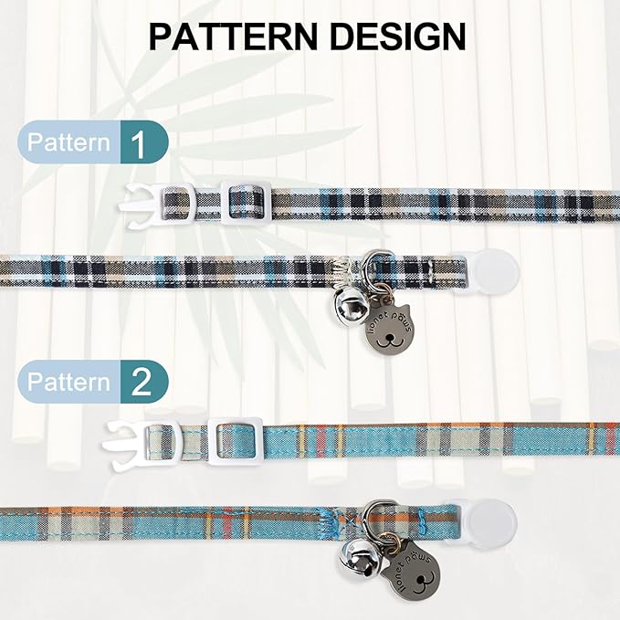 Lionet Paws 2pcs Pack Cotton Cat Collar,Breakaway Buckle with Blue Grid and Brand Pendant Cute Adjustable Cat Kitten Collar,Ideal for Girl Cats Boy Cats