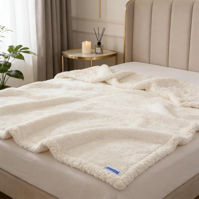 Waterproof Dog Blanket for Large Dogs - Reversible Washable Pet Blanket, Soft Sherpa Fleece Furniture Protector, Cat Throw Bed Couch, Cream,50"x60"