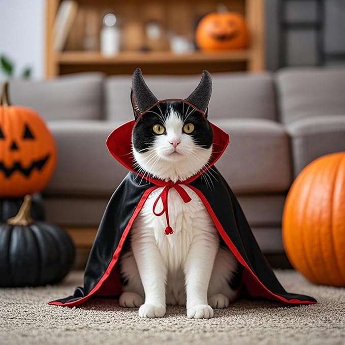 Lionheart glory Halloween Dog Costume with Hatband, Set Pet Wizard Cloak Vampire Devil Halloween Cloak Devil Clothes Outfit for Puppy Small Medium Dogs Cats Holiday Accessory Party