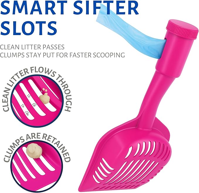 2-in-1 Pooper Scooper with Bag Attachment, Cat Litter Shovel Scoop with Bag, Built-in Dispenser, Includes Trash Roll, Rinse-Clean, Anti-Stick, Smart Sifter, Long Handle (Hot Pink)