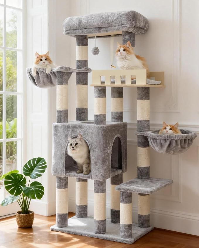 Cat Tree for Indoor Cats Large Adult, Heavy Duty Cat Tree for Large Cats 20 lbs+, Cat Condo with Big Wooden Perch, Cat Tower with 14 Scratching Posts, Hammock, Light Gray GCT023W