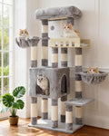 Cat Tree for Indoor Cats Large Adult, Heavy Duty Cat Tree for Large Cats 20 lbs+, Cat Condo with Big Wooden Perch, Cat Tower with 14 Scratching Posts, Hammock, Light Gray GCT023W