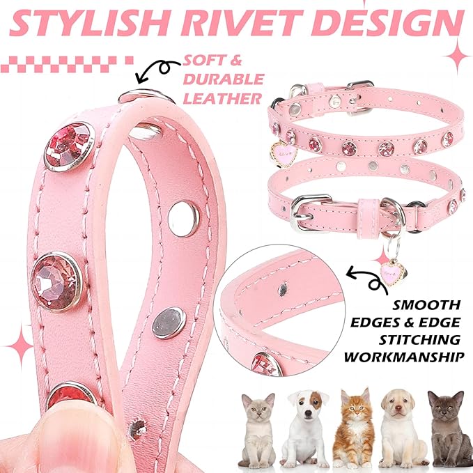EXPAWLORER Leather Cat Collar for Girl Boy- Adjustable Pet Collar with Safety Elastic Belt,Personalized Rhinestone Accessories Buckle Collars with Bell & Durable D-Ring,Rhinestone (Pink)