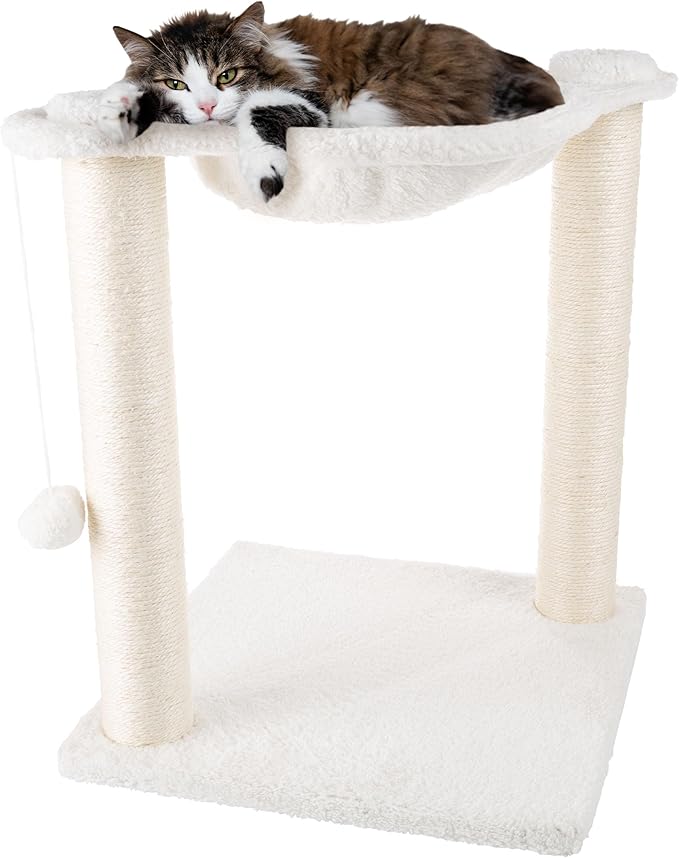 19-Inch Cat Scratching Post with Hammock ? Sisal Fabric and Carpet Small Cat Tree, Hanging Ball Toy for Adult Cats and Kittens by PETMAKER (White)