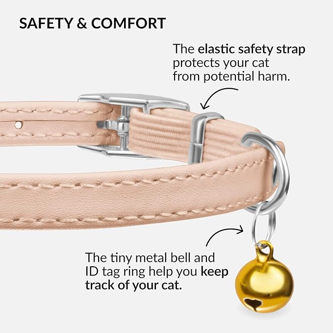 CollarDirect Leather Cat Collar with Bell - Kitten Collar, Small and Big Cat Strap for Boy Cats, Girl Cats with Safety Elastic Strap (Neck Fit 8"-11", Beige)
