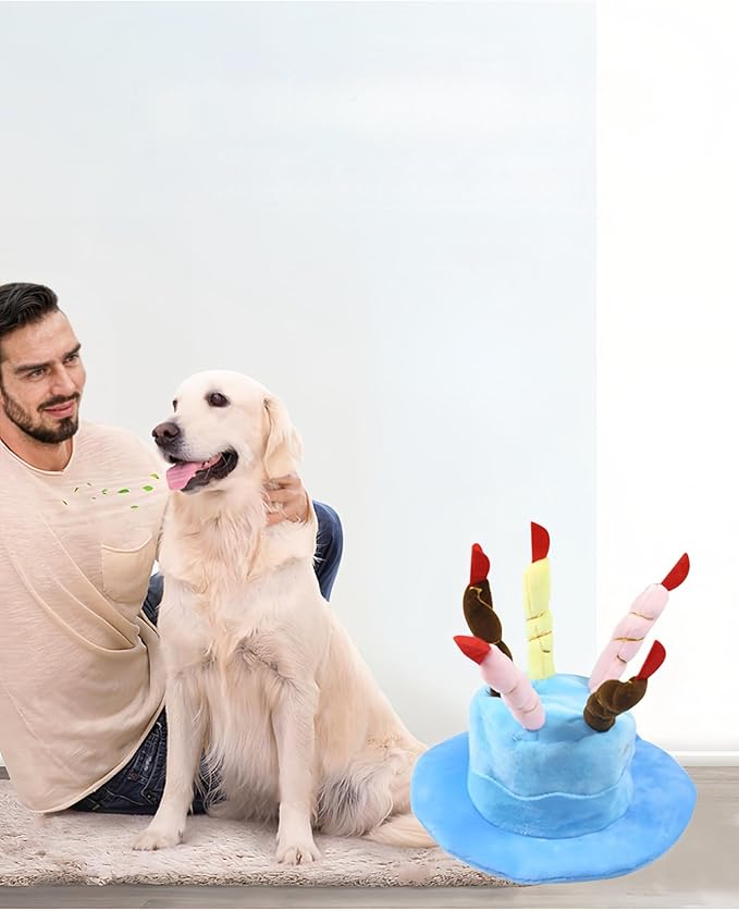 Cute Pet Party Hat for Dogs&Cats - Soft Fluffy Birthday Cap with 5 Color Candles (Blue), Adjustable Strap for Halloween,Costume&Photo Shoots,Fits Small to Large Pets,Washable&Comfortable ﻿ (Blue)