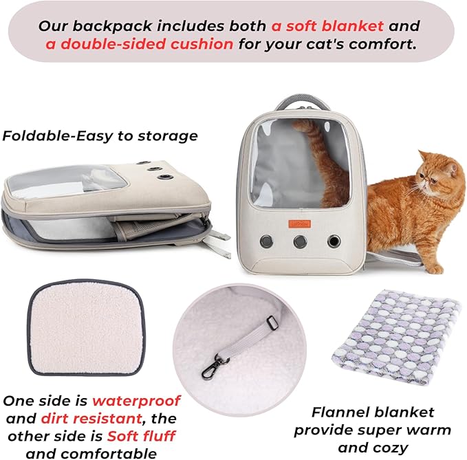 Lollimeow Pet Carrier Backpack, Bubble Backpack Carrier, Cats and Puppies,Airline-Approved, Designed for Travel, Hiking, Walking & Outdoor Use (Beige)