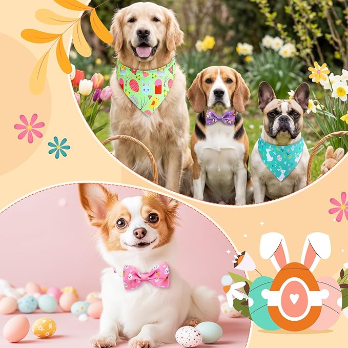 Sanwuta 50 Pcs Dog Bandanas and Collar Bow Ties Set 25 Bandanas Bulk 25 Charm Dog Collar Pet Triangle Pet Scarf Bowtie for Small Medium Large (Easter)