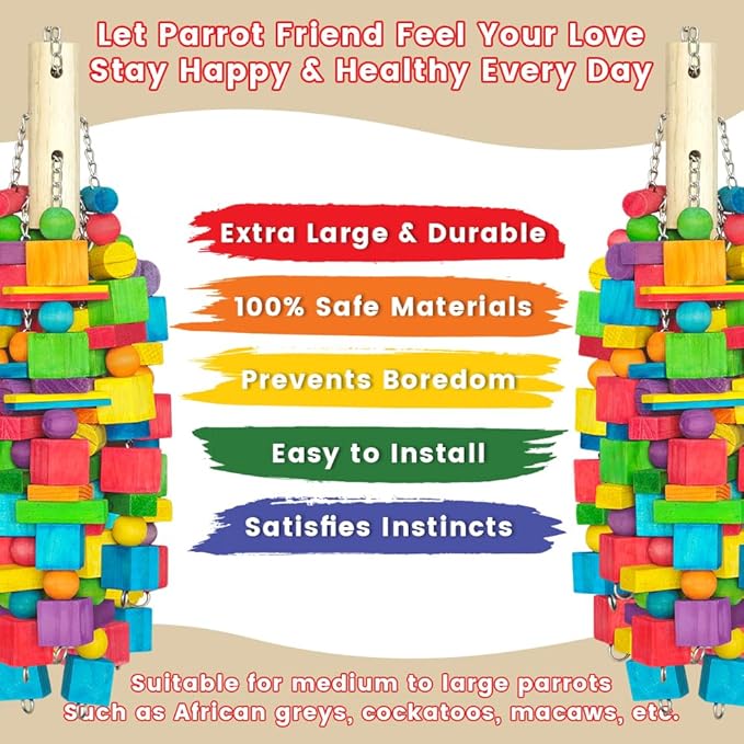 Extra Large Bird Toys for Macaws, Cockatoos - 21.6'' Heavy Duty Natural Parrot Toys for Chewing Foraging with SS Chain & Edible Colors for Medium to Large Parrots, African Grey, Cockatiel, Parakeet