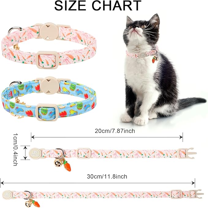 Cat Collar,2Pack Easter Day Cat Collars Cute Breakaway Kitty Collars,Easter Chicks & Carrots Cat Collar with Bell, Spring Pink Bow Kitten Collars with Safety Buckle for Girl & Boy Cats