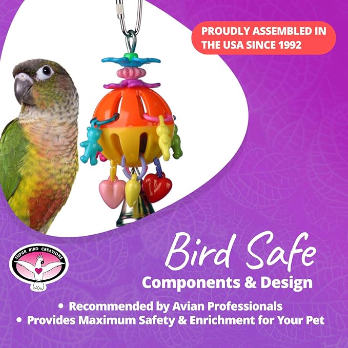 Super Bird Creations SB1086 Having a Ball Bird Toy for for Parrotlets, Parakeets, Cockatiels, Lovebirds, Ringnecks - Multi-Colored Rattle Ball, Cute Charms - Small/Medium Bird Size, 6" x 2" x 2"