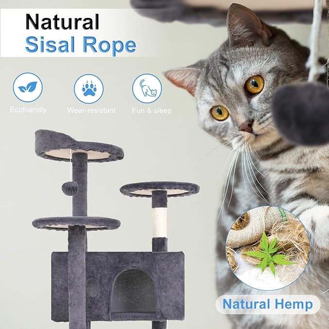 FDW | 54" Cat Tree Tower | Ashy | Multi-Level Indoor Activity Center with Sisal Scratching Posts, Condos, Plush Perches, Hanging Cat Toys | Sturdy, Easy to Assemble | for Kittens & Adult Cats