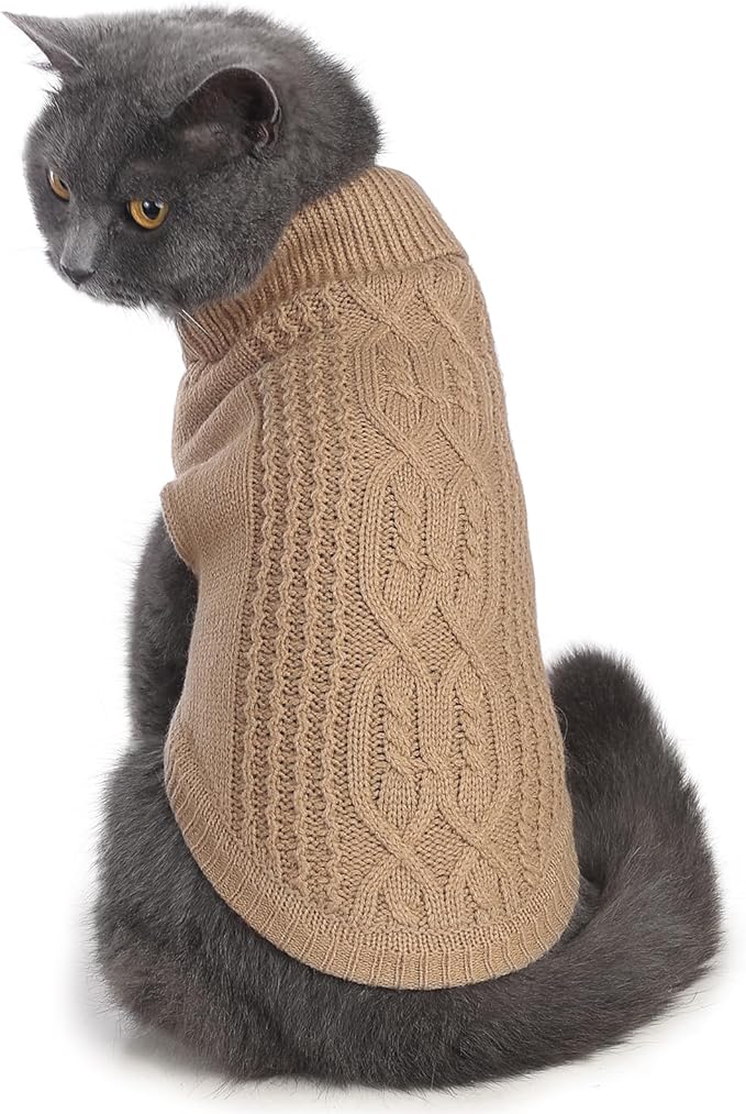 Stretchy Cat Sweater - 17 Colors & 6 Sizes | Snug Winter-Ready Knit for Boy/Girl Cats & Kittens(Khaki, Large)