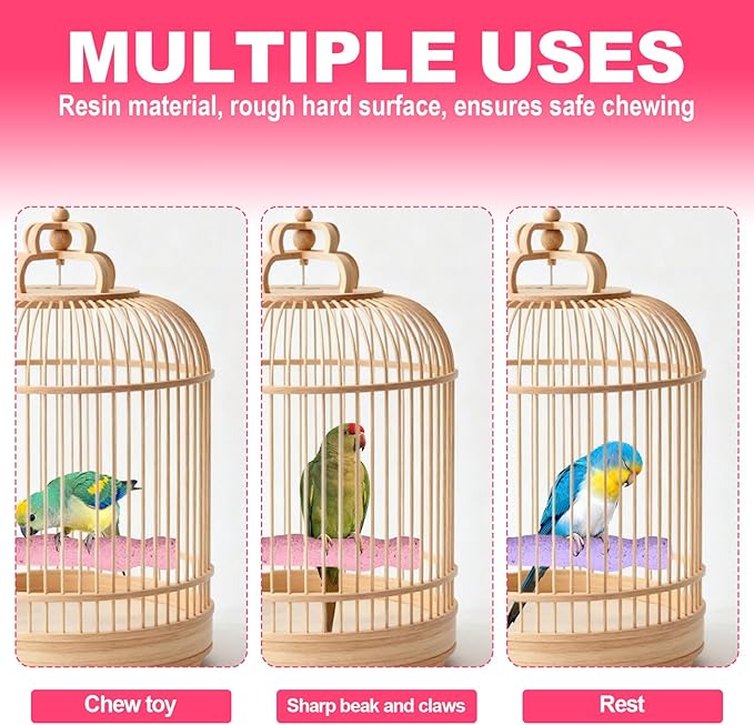 2pcs Bird Beak Grinding Stone, Resin Anti-Slip Beak Grinder Stone Bird Nail Trimming Claw Trimmer Perches Parrot Cage Stand Toys for Budgie Cockatiel Conure Parakeet Cage Accessories (Pink, Purple)