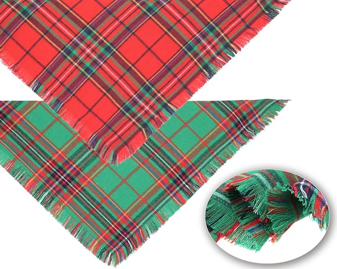 Christmas Dog Bandanas 2PCS-Large,Winter Classic Red Green Plaid Dog Scarf with Tassels Edges,Triangle Holiday Outfit for Boy and Girl Dogs,Pet Costumes for Medium to Large Dogs