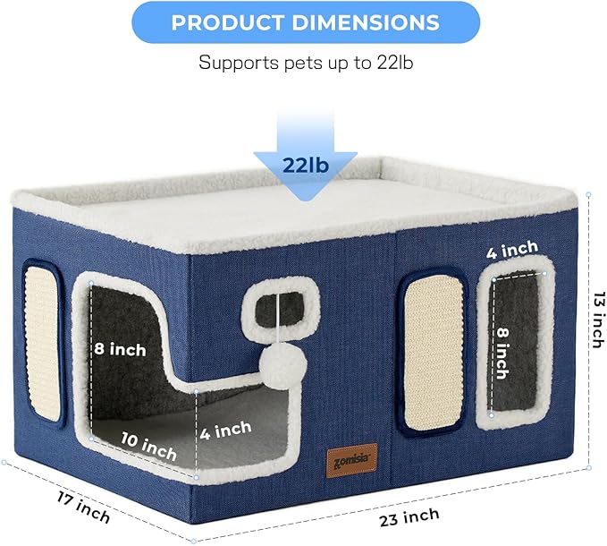 Extra-Wide Cat House for Indoor Cats - Large Cat House for Pet with Fluffy Ball Hanging and Scratch Pad, Foldable Cat Hideaway for Multi Cats, 23x16.5x13 inches, Green