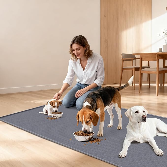 Lanstics Dog Food Mat, 51" x 26" Large Silicone Mat Dog Feeding Mat with Raised Edge Non-Slip Pet Feeding Mat for Food and Water Bowl, Easy to Clean, Floor Protection (Gray)