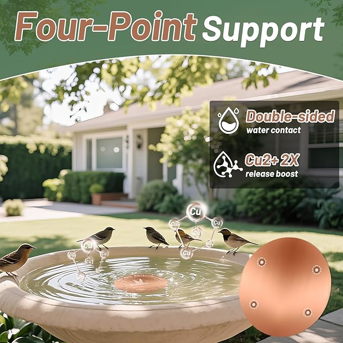 99.99% Pure Copper Bird Bath Purification Disk,Set of 2,0.6mm thick,Reinforced Copper Purification Cleaner with Four-Point Support,All-Season Safe Clean Water,Universal Fit for Outdoor Birdbath&Bowl