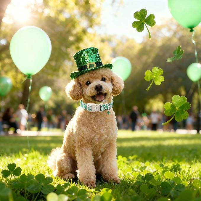 St Patricks Day Dog Collar for Large Dogs - Leopard Lucky Clover Dog Collars, Lightweight Adjustable Irish Green Festival Shamrock Dogs Collars with Quick Release Buckle L