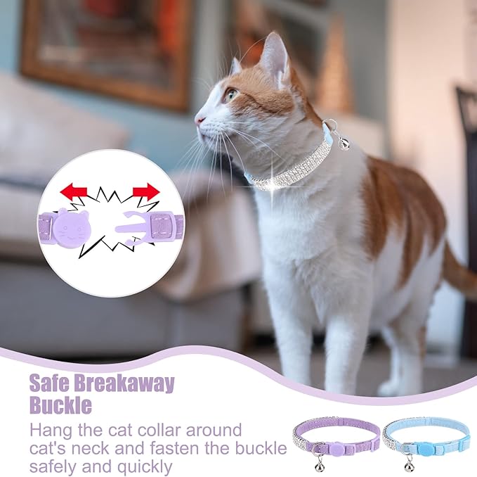 EXPAWLORER Soft Velvet Safe Cat Collars for Girl Cats -2 Pack Rhinestones Bling Diamante Adjustable Collars Breakaway- Chirstmas Cat Clollar Gifts with Bells for Boy Cats Kitty and Small Dogs