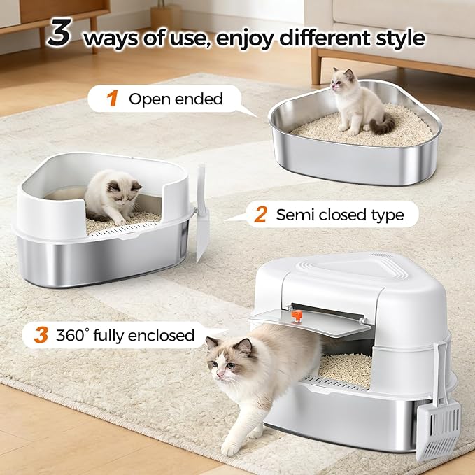 XL Stainless Steel Corner Cat Litter Box with Lid - Sturdy, No Odor & Space-Saving Hidden Design for Large Cats, White