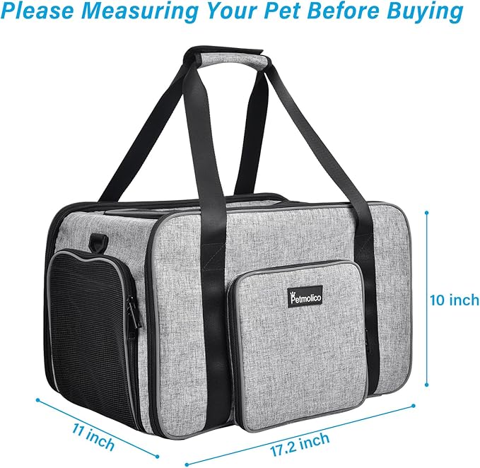 Petmolico Cat Carrier Soft-Sided Pet Bag for Small Medium Cats Puppies 16LBs - Airline Approved Pet Travel Carrier 3 Open Doors (Medium,Grey-X863)