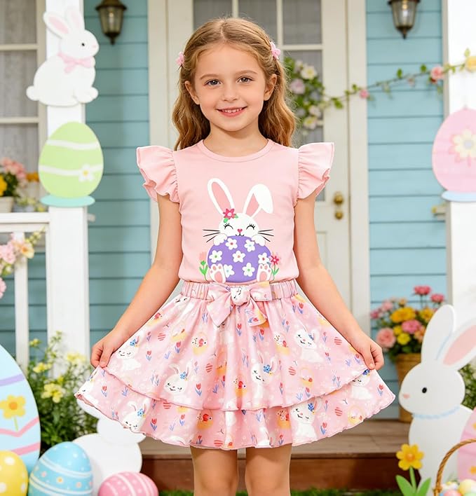 Girls Skirt Set 2 Piece Outfit Toddler Summer Clothes Ruffle Sleeve T-Shirt Bow Knot Tutu Skirt Outfit Set