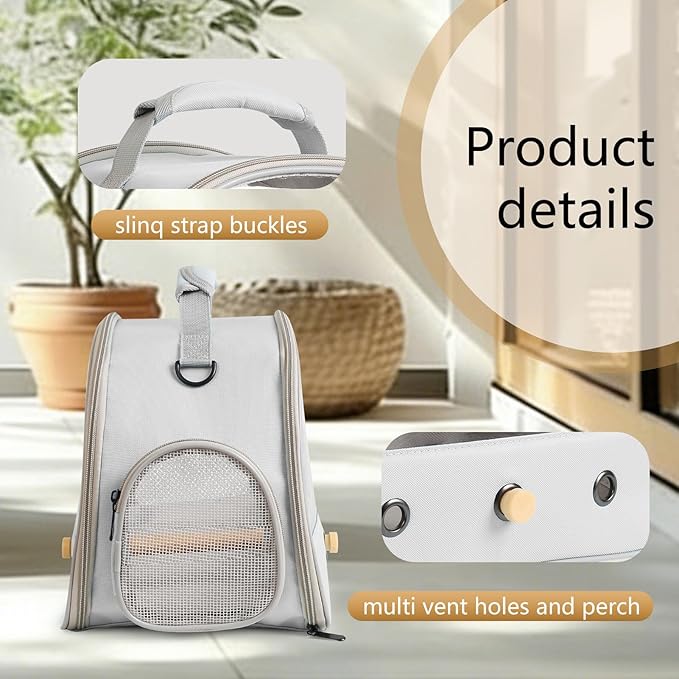 Bird Carrier, Portable Small Bird Parrot Parakeet Carrier with Standing Perch and Soft Support Mat, Side Access Window Collapsible (Grey, Mesh Windows)