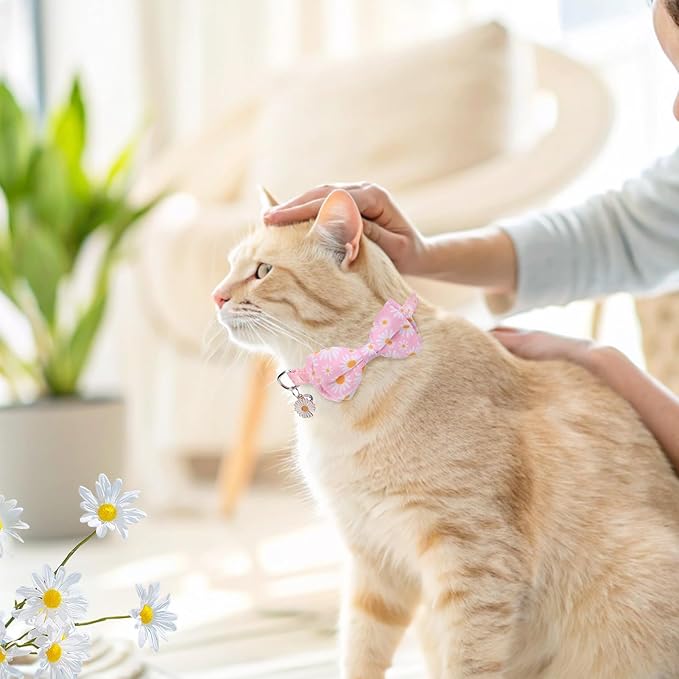 SCENEREAL Spring Cat Collar Breakaway with Bells, 2 Pack Cute Flower Pet Collar with Removable Bow Tie and Bandana, Adjustable Safety Buckle with Daisy Pendants for Girl Cats Kitten