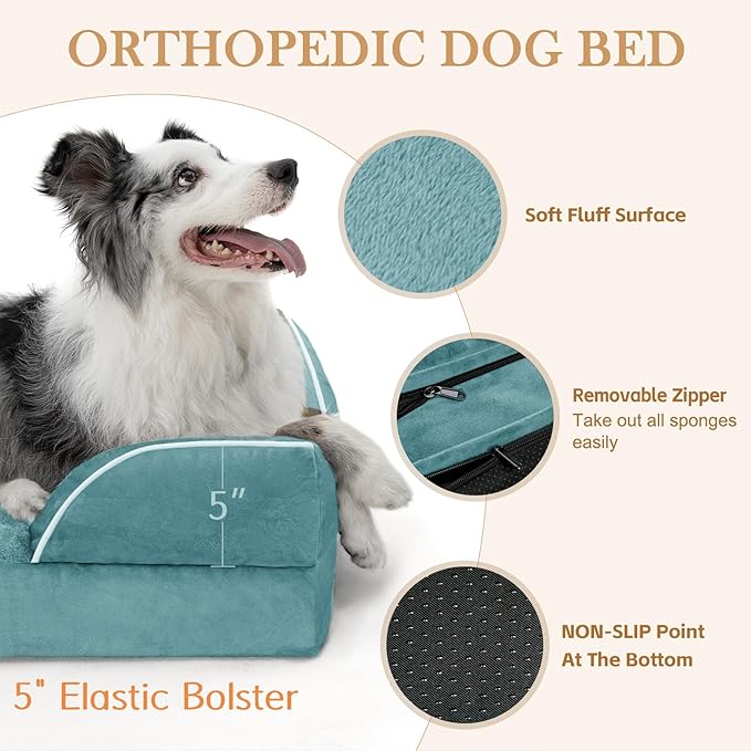 Comfort Expression Orthopedic Dog Bed for Extra Large Dogs 53x42 Inch, Waterproof Egg Crate Foam XXL Pet Bed with Removable Bolsters, Dog Couch with Washable Cover & Non-Slip Bottom, Washed Blue