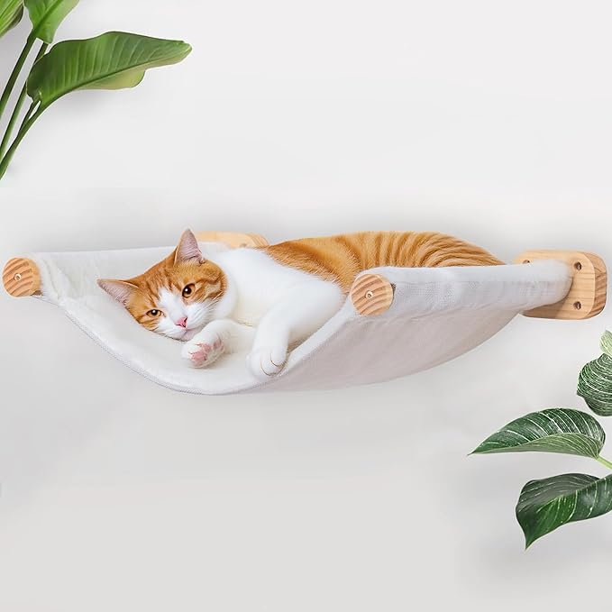 Cat Wall Hammock, Dual-Sided Cat Wall Bed with Canvas & Plush Fabric for All Seasons, Wall Mounted Shelf for Large Cats, Modern Perches for Lounging & Napping