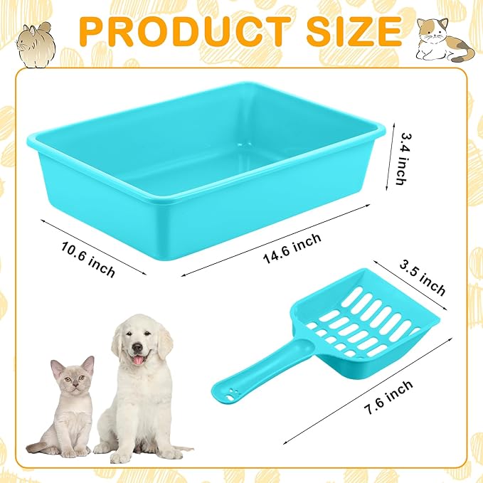 Amyhill 10 Pcs Open Cat Litter Box Kitten Litter Pan with 10 Scooper Medium Plastic Pet Tray Durable Nonstick Kitten Box for Indoor Pets Cats Rabbit Supply Easy to Clean,14.6x10.6x3.4 Inch, 5 Color