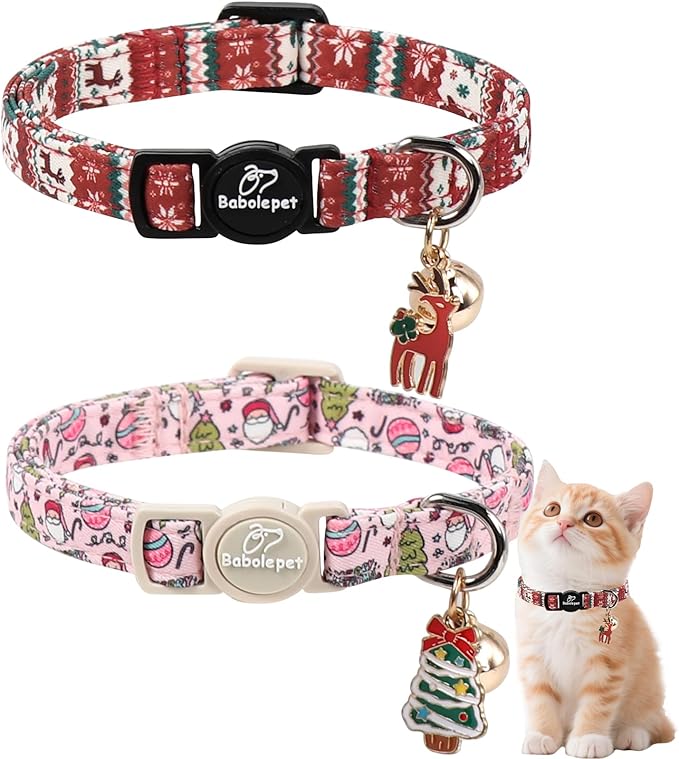 2 Pack Christmas Cat Collars - Breakaway Cat Collar with Bell, Christmas Tree and Reindeer Pendant, Winter Adjustable Kitten Collars for Girl Boy Cats, Pink Santa &Fair Isle