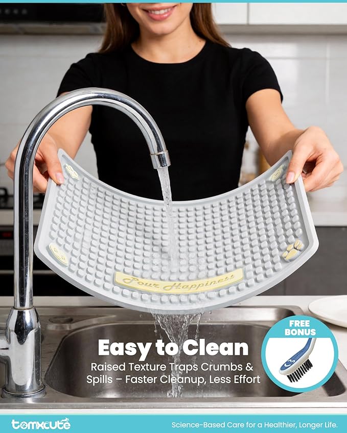 Tomxcute Extra Thick Pet Feeding Mat 19.7" x 14.2", BPA-Free Food-Grade PVC, Waterproof Raised Edge Non-Slip Bowl Mat for Cat Water Fountain & Automatic Feeder, Textured Fast-Drain, Brush Included
