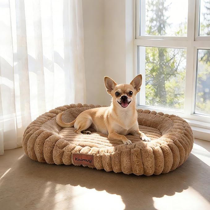 Cute Washable Dog Bed for Small Dogs -Soft Plush Calming Puppy & Cat Bed with Anti-Slip Bottom, Rectangle Anti-Anxiety Puppy Kennel Bed with Handle, 25" x 21" x 4", Brown