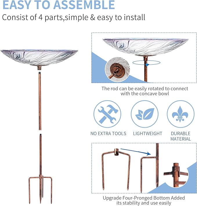 VCUTEKA Glass Bird Bath Outdoor BirdBath Garden Bird Feeder with Metal Stake