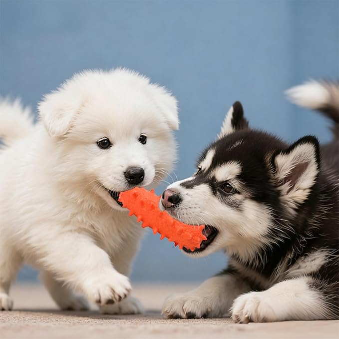 2 Pack Dog Toys for Aggressive Chewers, Tough Puppy Chew Toys Teething Bone for Puppies, Soft Foaming Rubber Interactive Toys for Small Medium Breed (Orange)