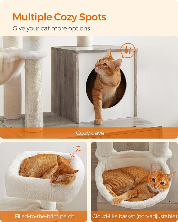Feandrea Cat Tree with Litter Box Enclosure, 59-Inch Modern Cat Tower, 2-in-1 Condo with Scratching Posts, Washable Removable Cushion, Greige UPCT113G01