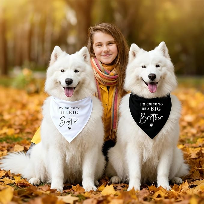 2 Pack Dog Bandanas for Pregnancy Announcement, I'm Going to Be A Big Brother Sister Cute Adjustable Pet Bandana Scarf for Small Medium Large Dogs, Gender Reveal Dogs Accessories (Black&White)