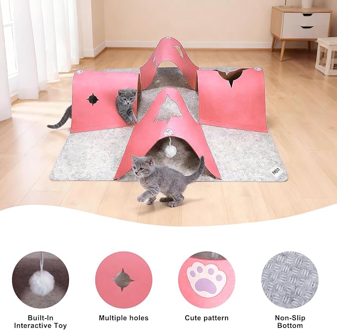 Interactive Cat Tunnel Mat for Indoor Cats, 4-Way Felt Cat Cave with Hanging Ball, Foldable Kitty Play Mat and Hideout, Pet Enrichment Toy for Kittens Rabbits Small Pets, Pink