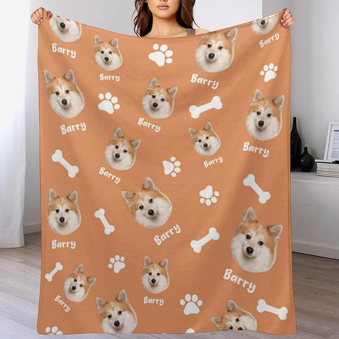 Personalized Paw Print Dog Blanket with Pet Name Face-Custom Puppy Blankets with Picture for Dogs-Customized Dog Memorial Throw Fleece Blanket-Loss of Pets Supplies Sympathy Gift for Bed Sofa Travel