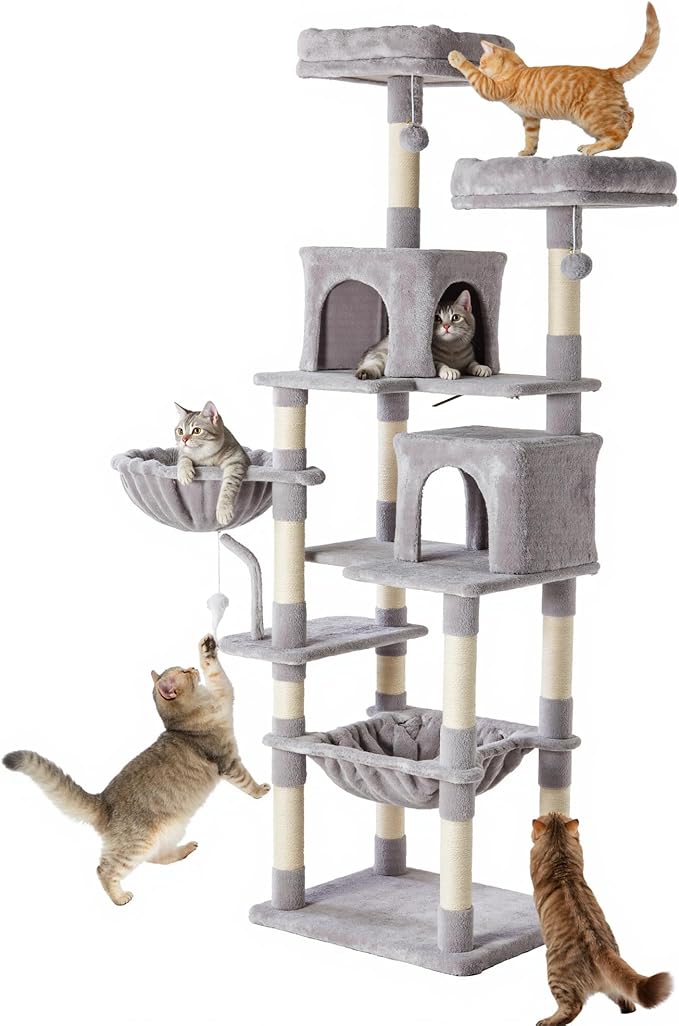 Sweetcrispy 71 inch Cat Tree Tower, Large Multi Level Cat Climbing Tower with Condo, Natural Sisal Scratching Posts, Platform, Hammock, Basket, Tall Pet Tree House for Indoor Cats Play, Light Grey