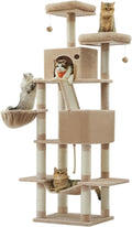 Feandrea Cat Tree, 81.1-Inch Large Cat Tower, Multi-Level Plush Condo with 13 Scratching Posts, 2 Perches, 2 Caves, Basket, Hammock, Pompoms, Camel Brown UPCT190K01