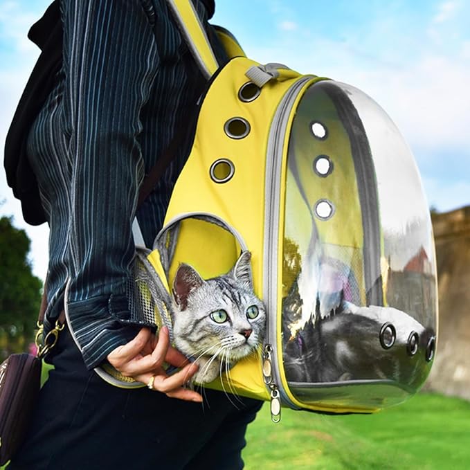 Cat Backpack Carrier Back Expandable Bubble Pet Carrier Backpack for Large Cat, Kitten and Dog, Designed for Hiking, Travelling and Outdoor Use (Back Expandable-Yellow)