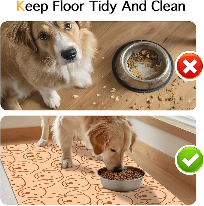 Adorable Cute Dog Faces Pattern Pets Food Mat Spill-Proof Pets Feeding Mats Cats Food and Water Bowl Pet Easy Clean Fast Dry Pet Mats for Foods and Water Mat for Cat Dogs 20" x 12"
