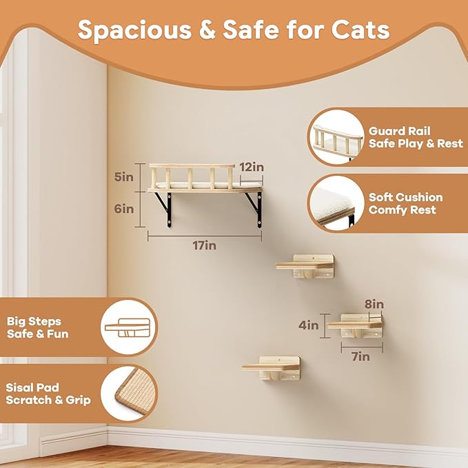 17" × 13" Large Cat Wall Shelves- Wall Climber Wooden Furniture Cat Shelf with Cushion and 3 Wide Perch Steps for Large Cats and Kittens Sleeping, Playing, Climbing