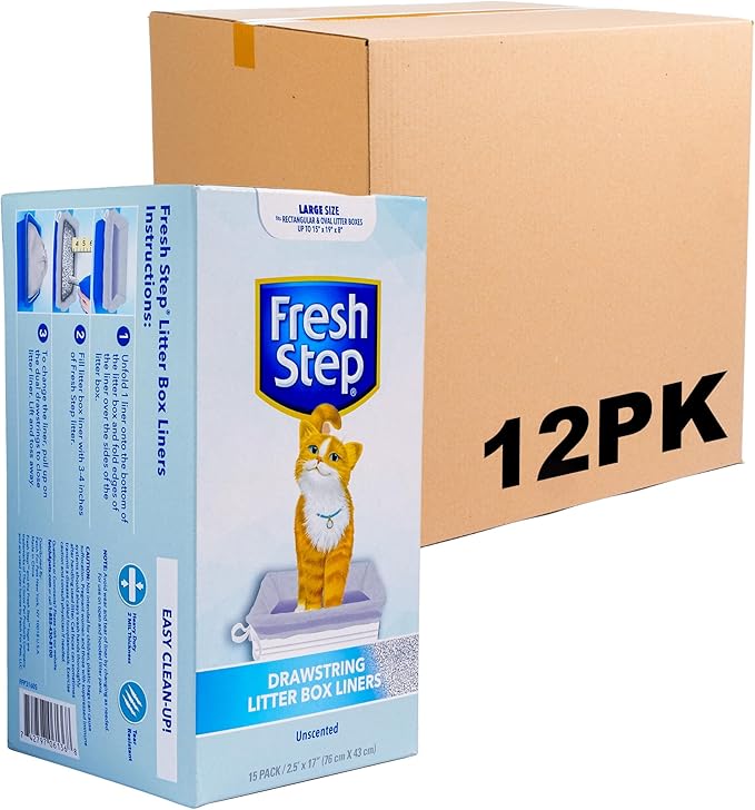 Fresh Step Drawstring Cat Litter Box Liners, Unscented Heavy Duty Kitty Litter Bags for Large Oval or Rectangle Pans, Helps Contain Odor and Mess, Easy Lift Out Cleanup, 30 x 17 in, 15 Count - 12 Pack