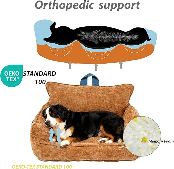 Orthopedic Dog Bed with Memory Foam, Washable Plush Pet Bed for Small, Medium & Large Dogs, Cozy Bolster Crate Dog Bed for Joint Support & Comfort.(Orange)